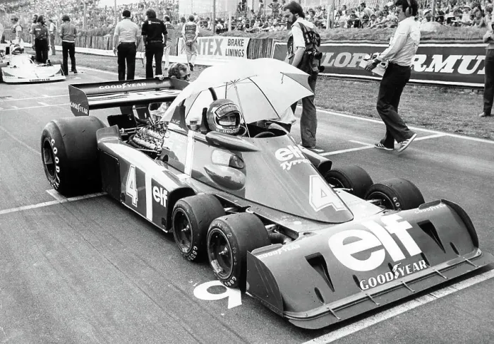 Framed Print : Racing driver Patrick Depailler in his 6 wheel Elf Tyrrell at Brands Hatch for the 1976 Grand Prix Framed Print : Racing driver Patrick Depailler in his 6 wheel Elf Tyrrell at Brands Hatch for the 1976 Grand Prix