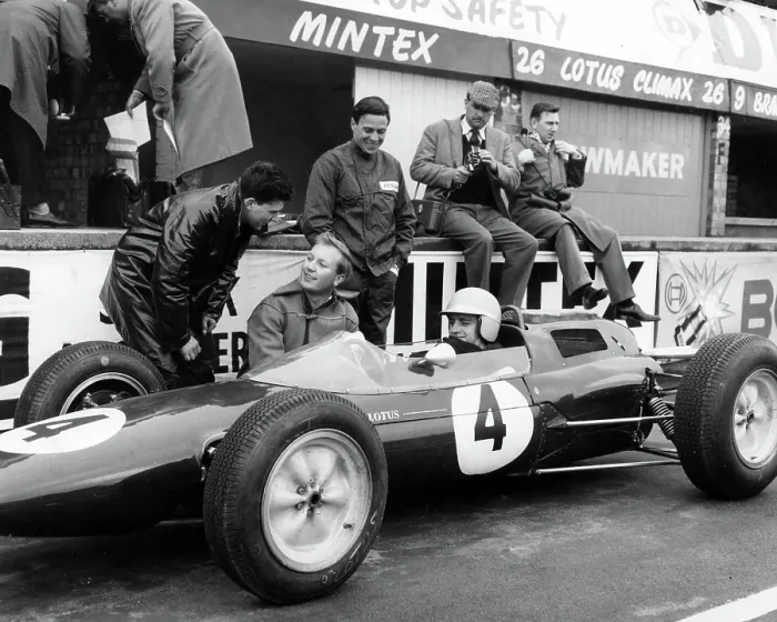 Framed Print : Racing driver Trevor Taylor in the Lotus Climax. Centre standing is Jim Clark 1963 Framed Print : Racing driver Trevor Taylor in the Lotus Climax. Centre standing is Jim Clark 1963