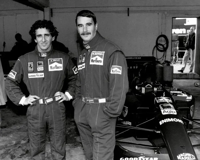 Framed Print : Racing Drivers Alain Prost and Nigel Mansell in the Ferrari Pit Framed Print : Racing Drivers Alain Prost and Nigel Mansell in the Ferrari Pit
