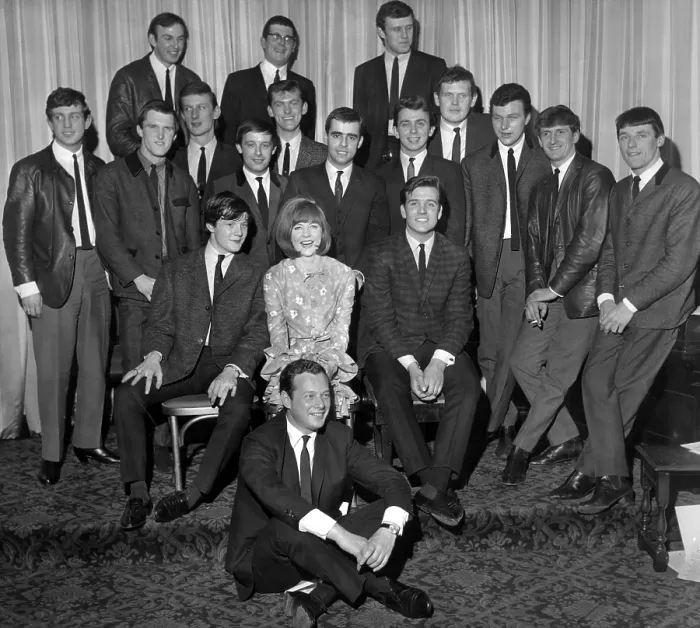 Framed Print : Record producer and manager Brian Epstein (front) with Singer Cilla Black alongside Tommy Quickly (left) and Billy J Kramer (right) Framed Print : Record producer and manager Brian Epstein (front) with Singer Cilla Black alongside Tommy Quickly (left) and Billy J Kramer (right)