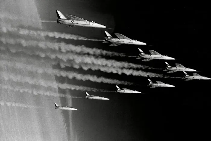 Framed Print : Red Arrows in Folland Gnats in formation 1977 Framed Print : Red Arrows in Folland Gnats in formation 1977