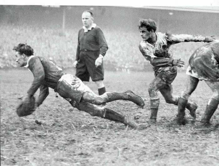 Framed Print : Rex Willis the Welsh scrum half, dives in getting the ball back to his partner Cliff Morgan Framed Print : Rex Willis the Welsh scrum half, dives in getting the ball back to his partner Cliff Morgan