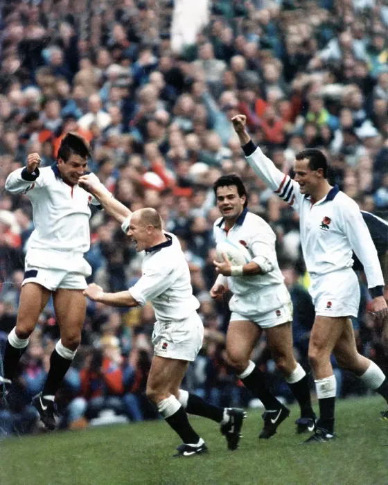 Framed Print : Rob Andrew, Richard Hill, Will Carling and Jonathan Webb celebrate victory over Scotland Rugby World Cup 1991 Semi Final Framed Print : Rob Andrew, Richard Hill, Will Carling and Jonathan Webb celebrate victory over Scotland Rugby World Cup 1991 Semi Final