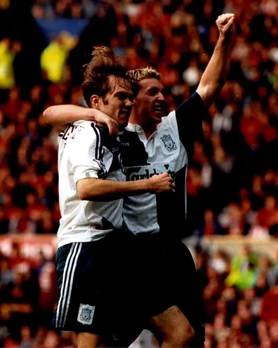 Framed Print : Robbie Fowler celebrates his first goal with Jason McAteer during Manchester United 2 v Liverpool 2 1995 Framed Print : Robbie Fowler celebrates his first goal with Jason McAteer during Manchester United 2 v Liverpool 2 1995