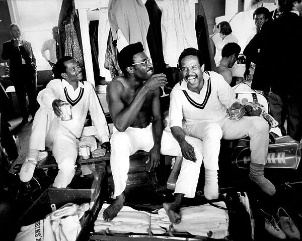 Ron Headley, Clive Lloyd, and Gary Sobers enjoy victory in England v West Indies Test Match