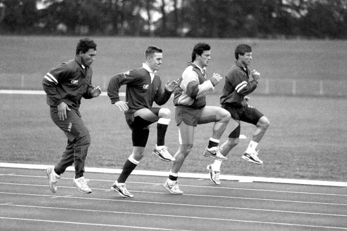 Framed Print : Rory Underwood, Nigel Heslop, Will Carling and Rob Andrew training for the Rugby World Cup 1991 Framed Print : Rory Underwood, Nigel Heslop, Will Carling and Rob Andrew training for the Rugby World Cup 1991