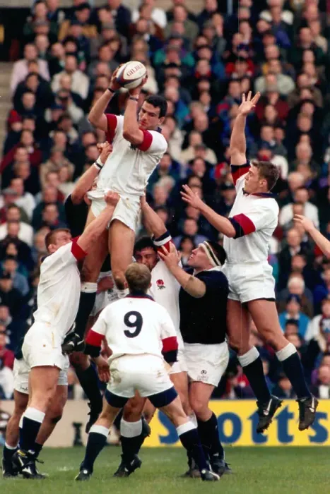 Framed Print : Scotland v England Rugby Union at Murrayfield 1996. England's Martin johnson dominates the line out Framed Print : Scotland v England Rugby Union at Murrayfield 1996. England's Martin johnson dominates the line out