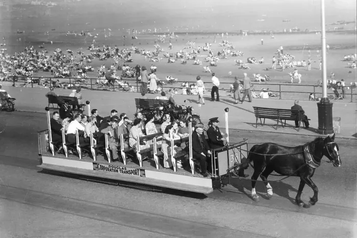 Framed Print : The sea front on Douglas, Isle of Man, showing the horse drawn tram 1953 Framed Print : The sea front on Douglas, Isle of Man, showing the horse drawn tram 1953