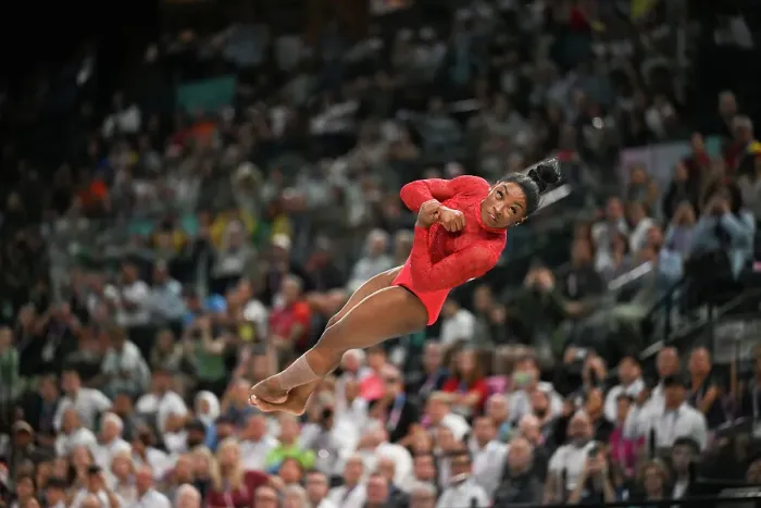 Framed Print : Simon Biles wins gold in the vault final. Paris 2024 Olympics Framed Print : Simon Biles wins gold in the vault final. Paris 2024 Olympics