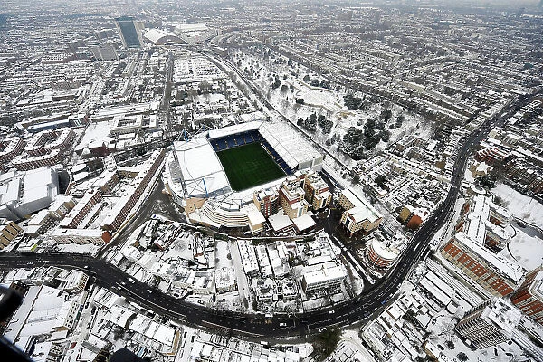 A snow covered Stamford bridge from the air