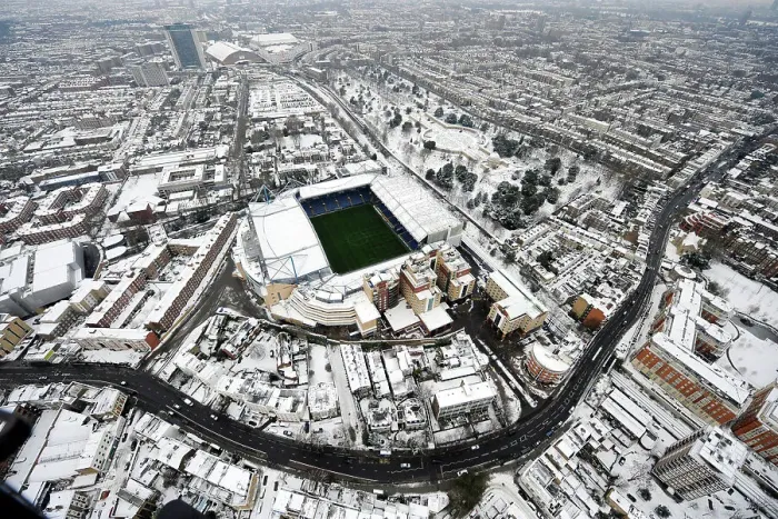 Framed Print : A snow covered Stamford bridge from the air Framed Print : A snow covered Stamford bridge from the air
