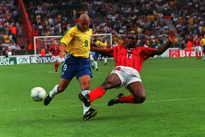 Framed Print : Sol Campbell tackles Ronaldo England v Brazil 1997