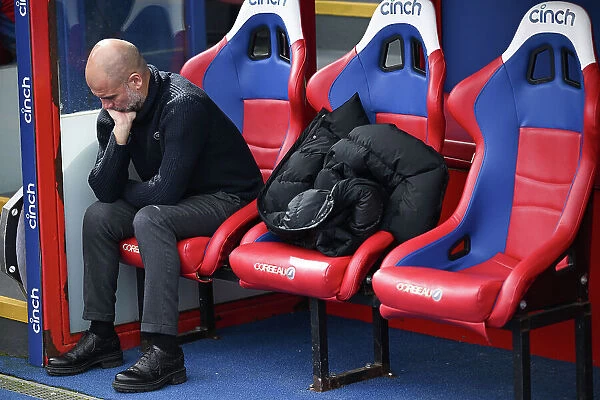 Soul of Sport Selhurst Crystal Palace v Manchester City 2024 Pep Guardiola before the game has a quiet time on the bench