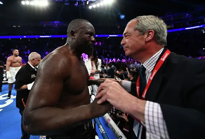 Framed Print : SoulofSport. Derek Chisora fight week behind the scenes 2024.Fight day at the 02, Derek celebrates with Nigel Farage Framed Print : SoulofSport. Derek Chisora fight week behind the scenes 2024.Fight day at the 02, Derek celebrates with Nigel Farage