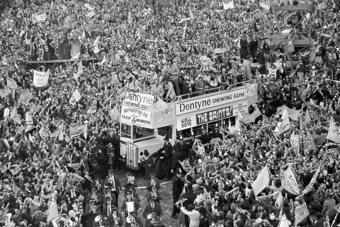 Framed Print : Southampton players travel through the streets of their home city in a victory parade after winning the FA Cup in 1976 Framed Print : Southampton players travel through the streets of their home city in a victory parade after winning the FA Cup in 1976