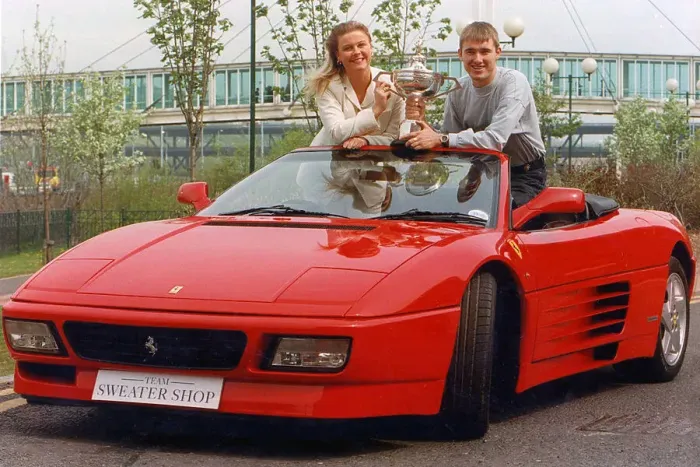 Framed Print : Stephen Hendry and fiancee Mandy in his Ferrari 348 Spider Framed Print : Stephen Hendry and fiancee Mandy in his Ferrari 348 Spider