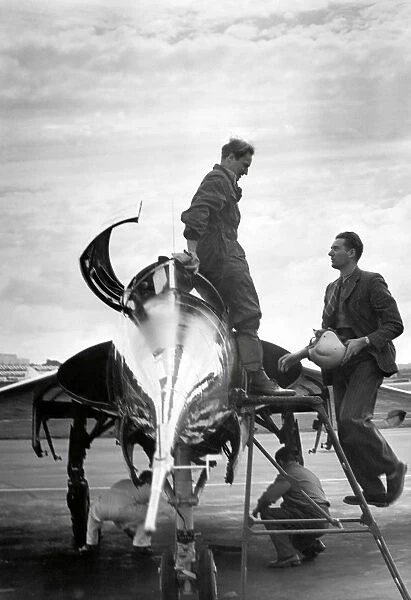Test Pilot and world speed record holder Peter Twiss at Farnborough with his Fairey Delta aircraft