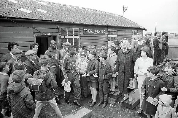 A tin shack was the dressing room for Brazil footballers when they trained at the Troon Amateurs ground in Ayrshire. Pele leaves the dressing room marked