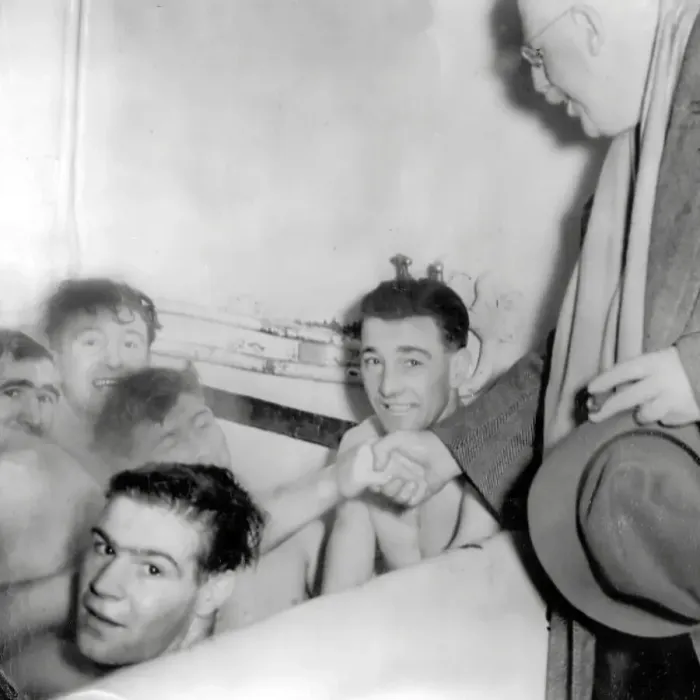 Framed Print : Torquay players relax in the bath after the game Leeds United v Torquay (2-2) - FA Cup 3rd round 1955-56 Framed Print : Torquay players relax in the bath after the game Leeds United v Torquay (2-2) - FA Cup 3rd round 1955-56