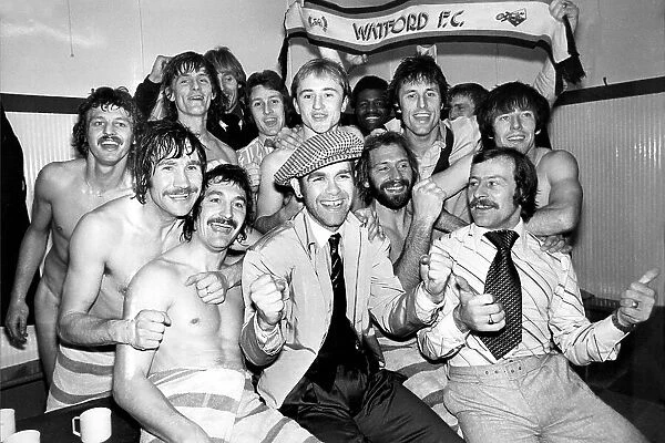 Watford FC Footballers with the Chairman Elton John after being promoted to Division 3