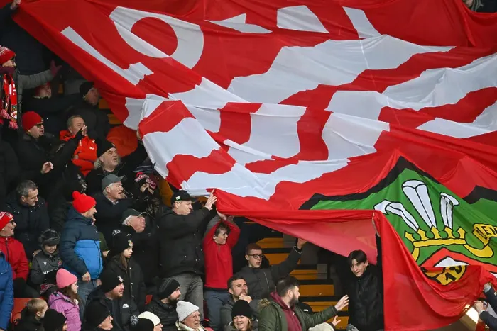 Framed Print : Welcome to Wrexham AFC - fans with the flag Framed Print : Welcome to Wrexham AFC - fans with the flag