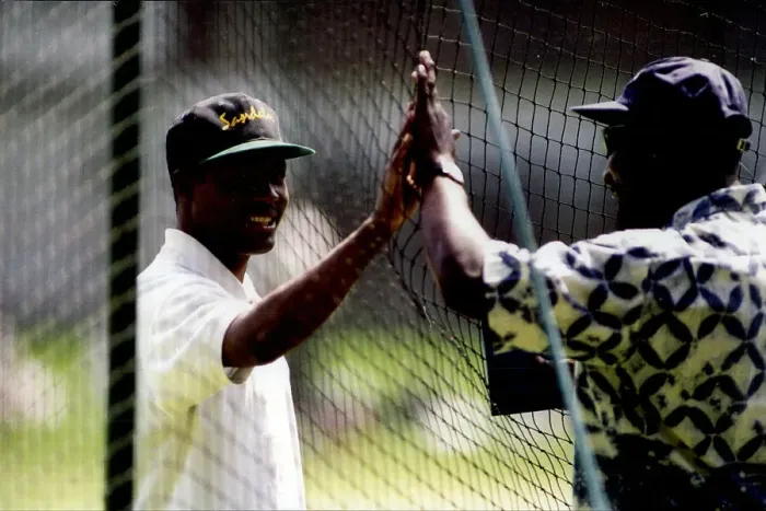 Framed Print : Two West Indian legends, Brian Lara and Viv Richards, in the Lord's nets in 1995 Framed Print : Two West Indian legends, Brian Lara and Viv Richards, in the Lord's nets in 1995