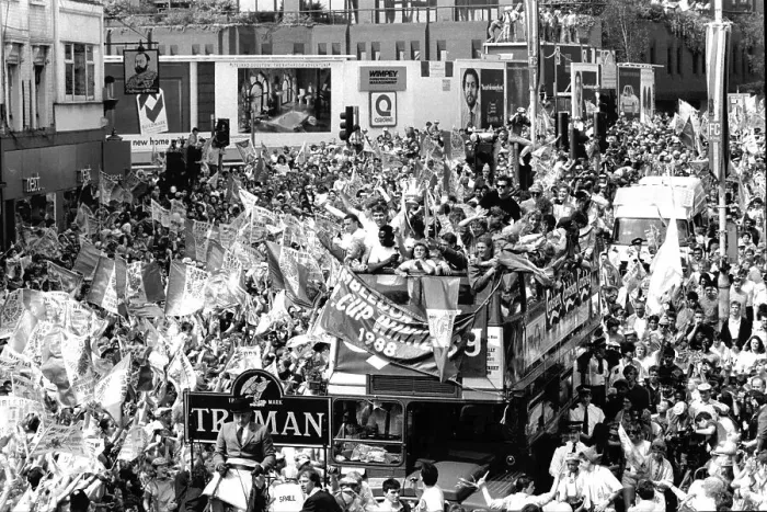 Framed Print : Wimbledon FC F. A. Cup winners bus parade 1988 Framed Print : Wimbledon FC F. A. Cup winners bus parade 1988