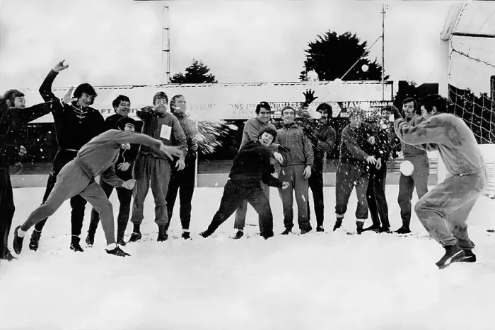 Framed Print : Yeovil Town players bombard the goalkeeper with snowballs 1970