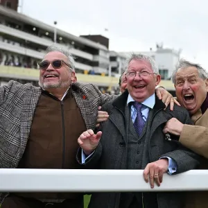 Alex Ferguson celebrating winning his second race on the Thursday. Cheltenham Festival week Alex Ferguson celebrating winning his second race on the Thursday. Cheltenham Festival week