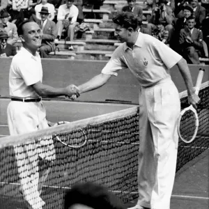 American Tennis Player Donald Budge (Right) with Antoine Gentien at Roland Garros in Paris American Tennis Player Donald Budge (Right) with Antoine Gentien at Roland Garros in Paris