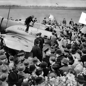 The arrival of the Japanese airmen Masaaki Iinuma (Pilot) and Kenji Tsukagoshi (wireless operator) in their monoplane Divine Wind 1937