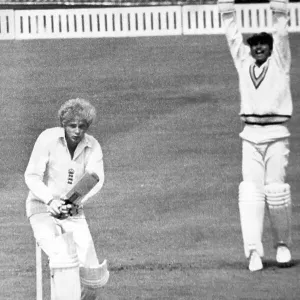 David Gower falls lbw to the delight of Indian wicketkeeper Bharath Reddy David Gower falls lbw to the delight of Indian wicketkeeper Bharath Reddy