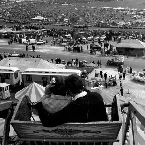 Epsom Derby 1961 from the Ferris wheel. Horses round Tattenham Corner