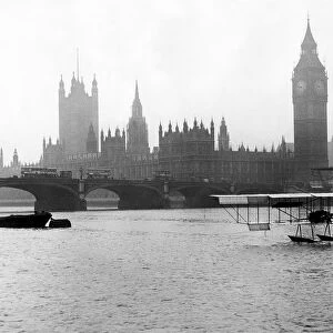 Frank McCleans water plane moored by Westminster Bridge 1912