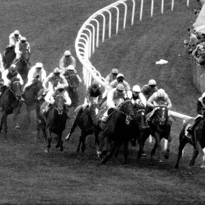 Horses in action at Tattenham Corner, during 1990 Epsom Derby