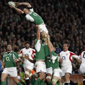 Print of Paul O'Connell claiming high ball in 2007 Six Nations match Print of Paul O'Connell claiming high ball in 2007 Six Nations match
