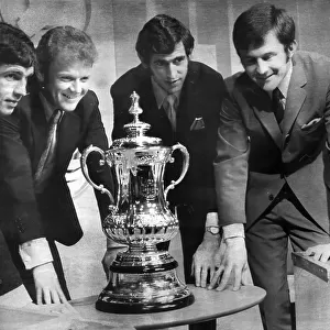 Johnny Giles and Billy Bremner of Leeds United, and Peter Bonetti and John Hollins of Chelsea with the FA Cup 1970