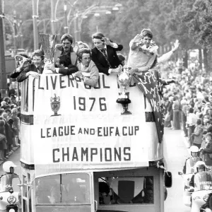 Liverpool FC at homecoming after winning Football League Cup and UEFA Cup, 1976 Liverpool FC at homecoming after winning Football League Cup and UEFA Cup, 1976