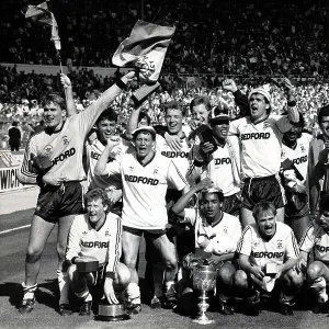 Luton town players celebrate their win in the Littlewoods Cup final 1988