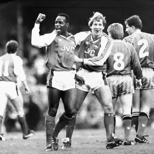 Michael Thomas (left) and Paul Merson celebrate Arsenal's first goal against United Michael Thomas (left) and Paul Merson celebrate Arsenal's first goal against United