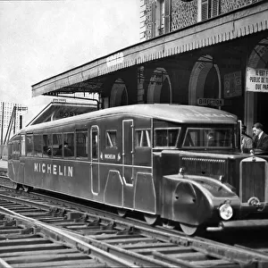 Micheline Motor Car on rails designed to run between provincial towns, here being used by Monsieur Paganon, French Transport Minister, St. Cyr station, 1933