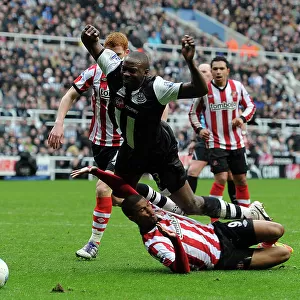 Newcastle's Shola Ameobi brought down by Sunderland's Fraizer Campbell for a penalty