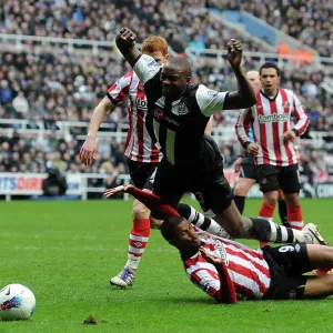 Newcastle's Shola Ameobi brought down by Sunderland's Fraizer Campbell for a penalty