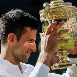 Novak Djokovic celebrates victory Wimbledon Men's Singles Final 2022 Novak Djokovic celebrates victory Wimbledon Men's Singles Final 2022
