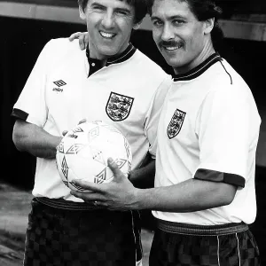 Peter Beardsley and Kenny Samson show off the new England football strip 1987 Peter Beardsley and Kenny Samson show off the new England football strip 1987