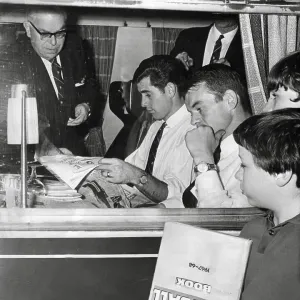 Peter Bonetti, Eddie McCreadie and Charles Pratt of Chelsea FC on train to Leeds as autograph hunters look on 1967 Peter Bonetti, Eddie McCreadie and Charles Pratt of Chelsea FC on train to Leeds as autograph hunters look on 1967