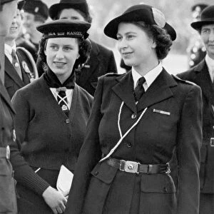 Princess Elizabeth and Princess Margaret at the Rally of Girl Guides and Rangers in Hyde Park 1946