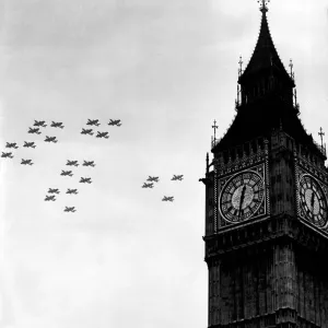 RAF Battle of Britain Anniversary Print, 1953 Flypast over Big Ben RAF Battle of Britain Anniversary Print, 1953 Flypast over Big Ben