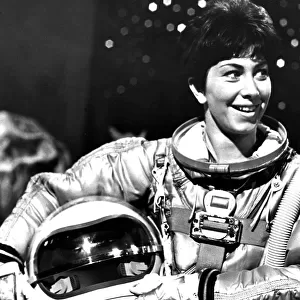 Valerie Singleton wearing a space suit for feature on Blue Peter