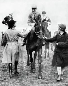 Racing Prints: 1928 Grand National racehorse Tipperary Tim being led in after his 100 to 1 victory
